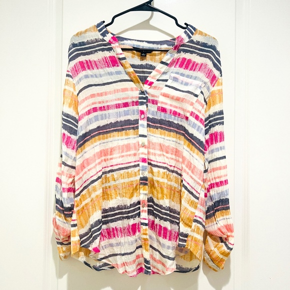 Zac Rachel colorful Striped Long Roll Tab Sleeve V neck Button Top Blouse size L - Picture 1 of 11